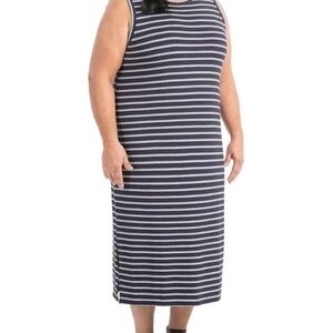 Hilary Radley Plus 2X Navy White Stripe Sleeveless Midi Dress NWT Casual Stretch
